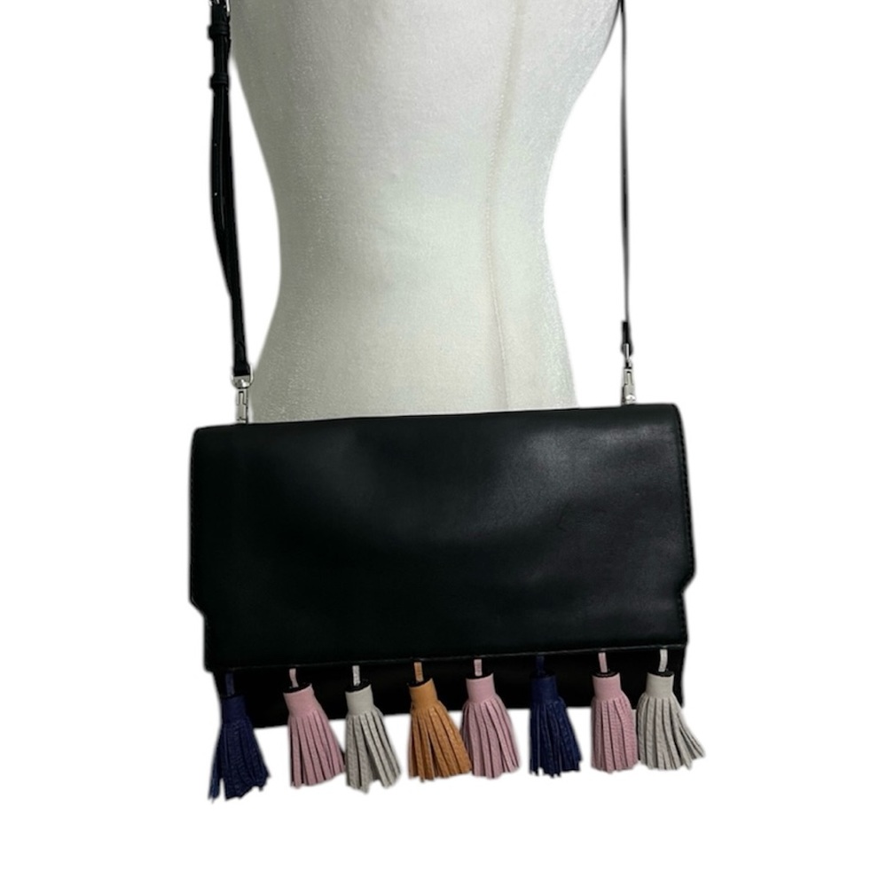 REBECCA MINKOFF Sofia Tassel Clutch Crossbody Handbag Black Leather orig $245 - Picture 16 of 16